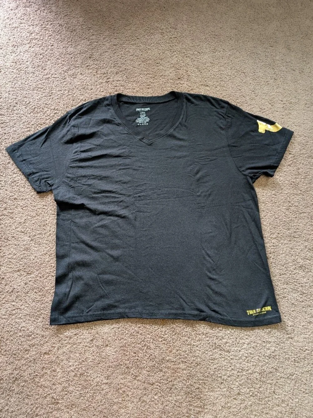 Lot! 2 True Religion Black V-Neck Men's Shirts sz large gold red decals cotton